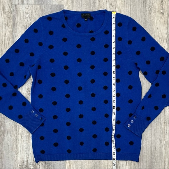 Talbots 100% Pure Cashmere Button Cuff Crewneck Sweater Blue Black Dots Size L - Picture 2 of 7